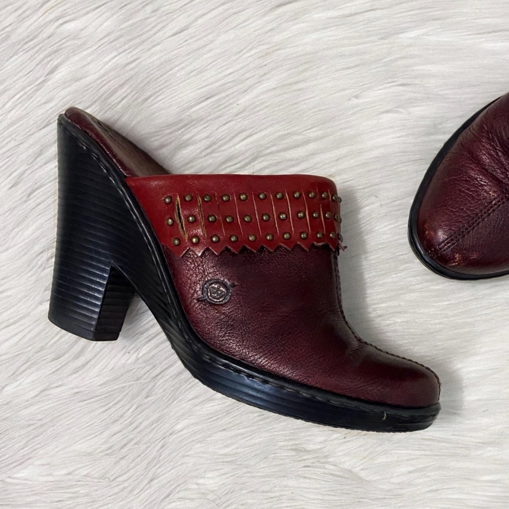 Born Red Metallic Maroon Leather Fringe Studded Boho Heeled Mules Slip On Clogs